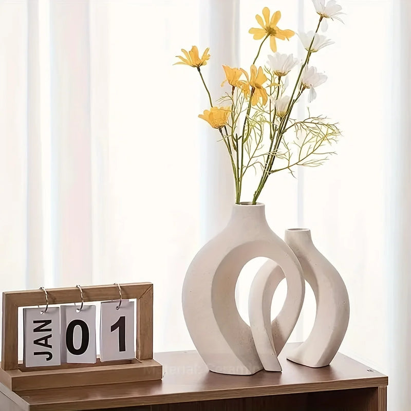 Conjunto de 2 vasos de flores ocos estilo boho modernos em cerâmica