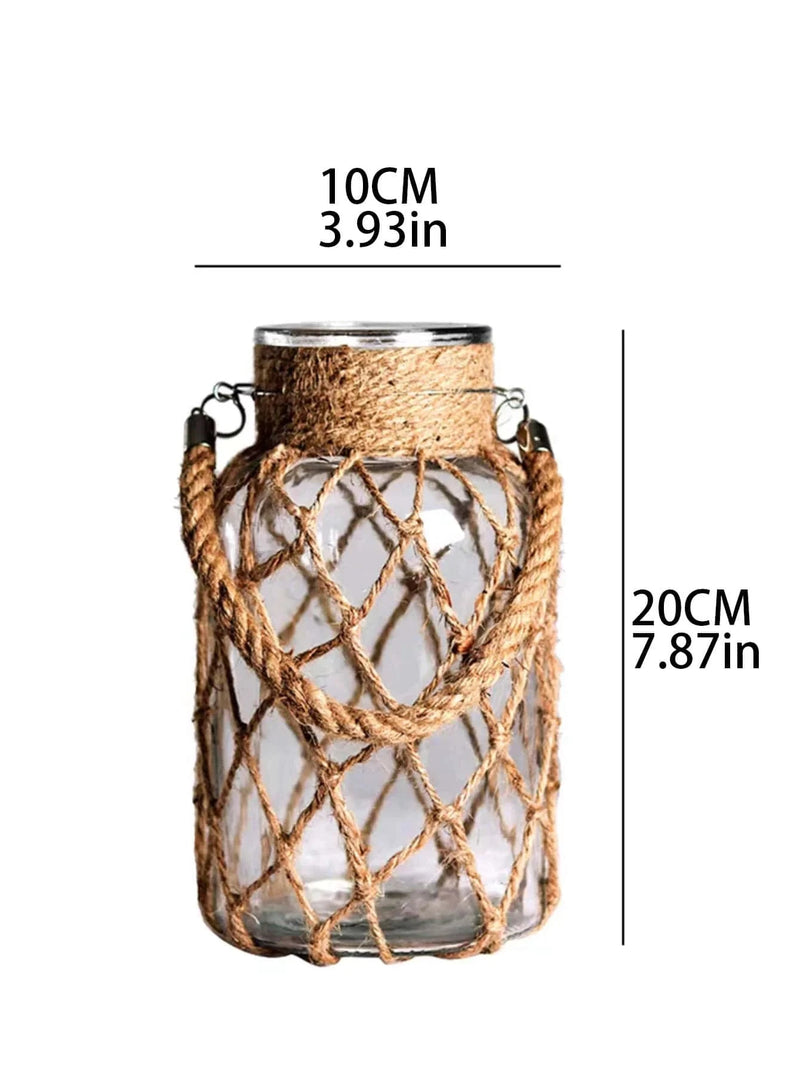 Vaso decorativo de vidro rústico pendurado feito com corda de cânhamo artística
