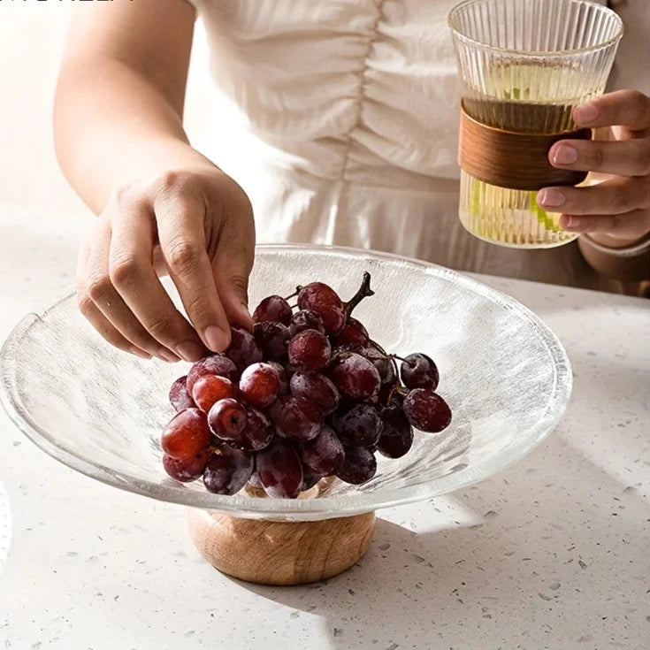 Prato de Frutas em vidro com base de madeira Decorativo para Mesa Posta